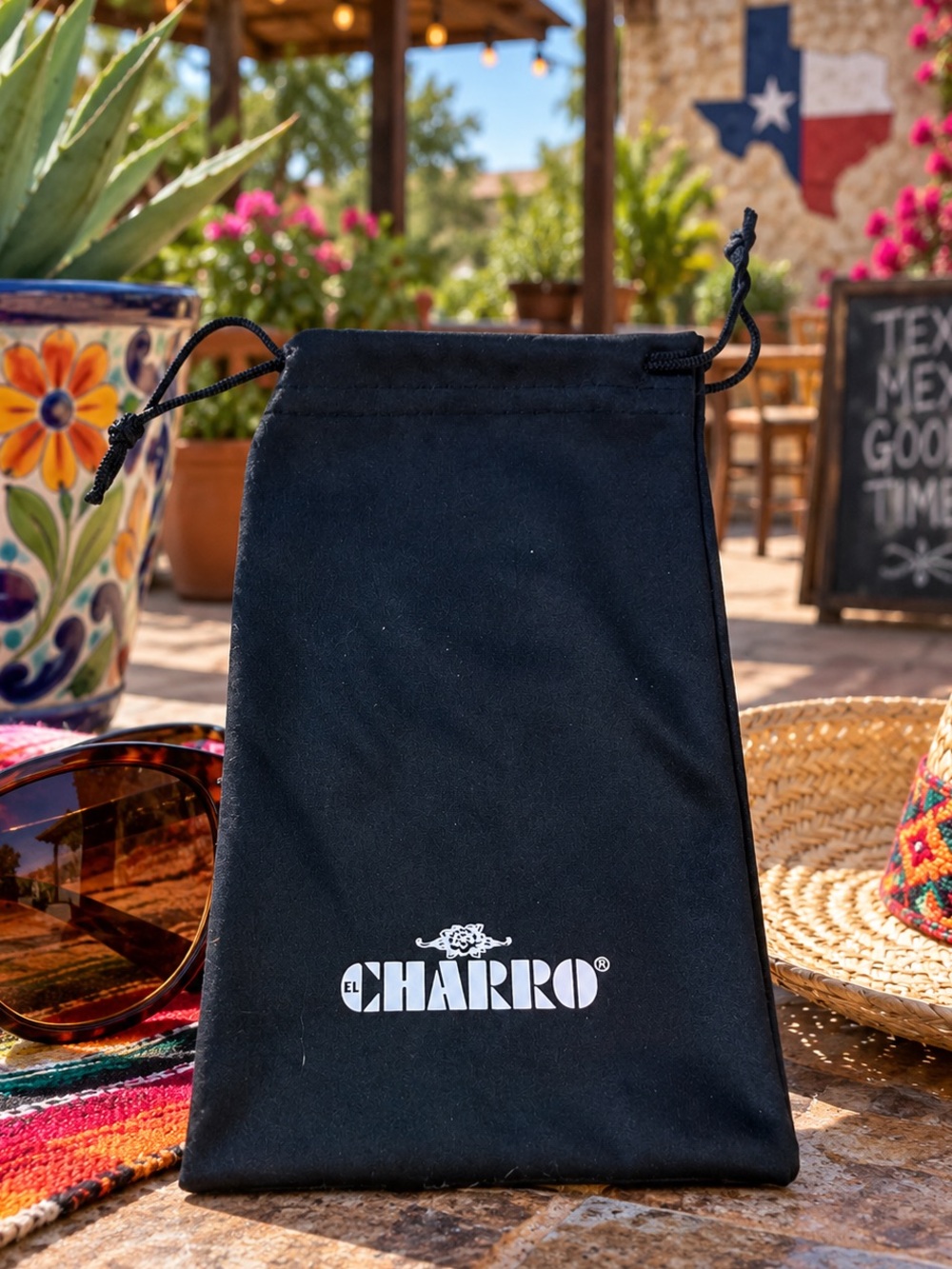 El Charro glasses pouch drawstring black fabric white classic logo brand 7x4 in